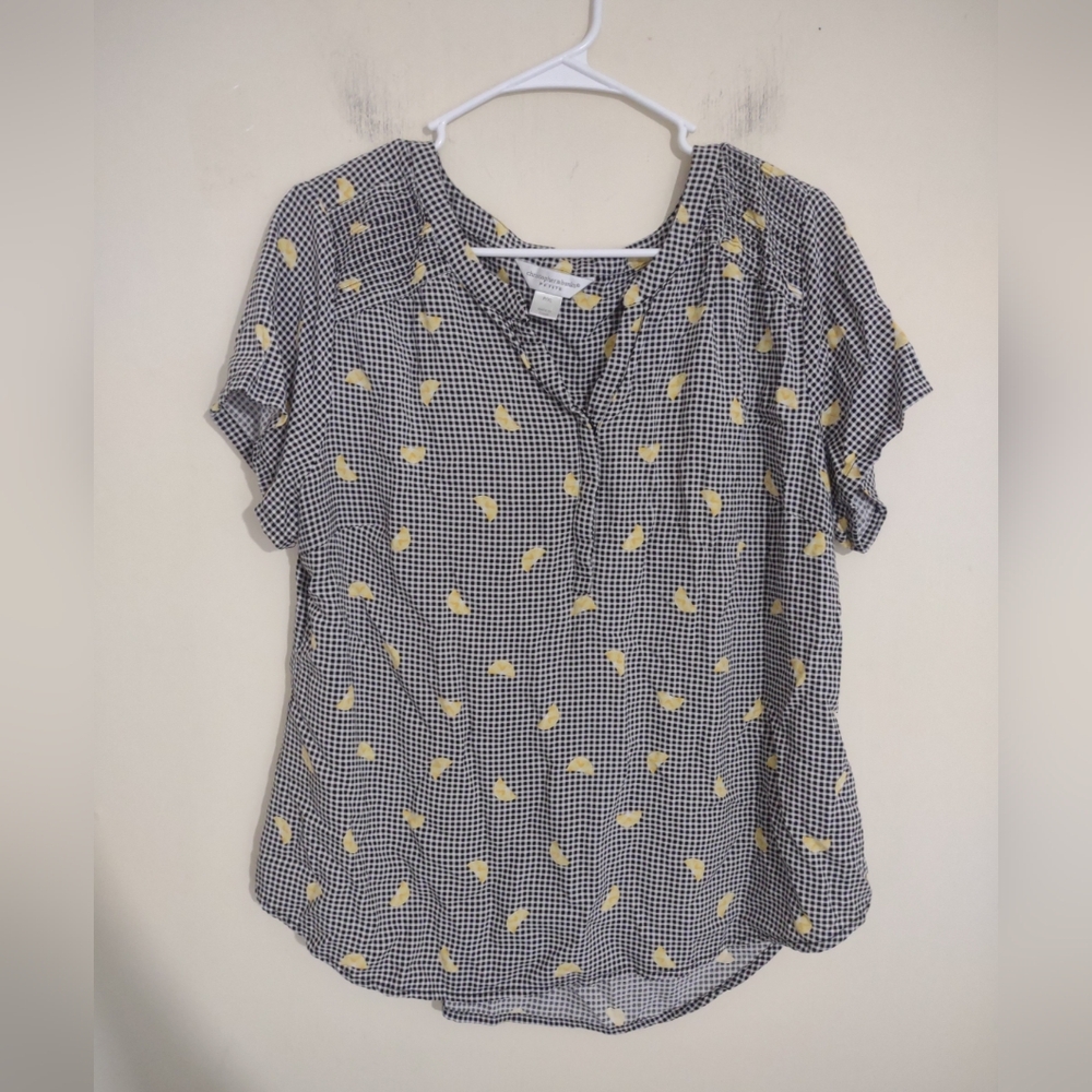 Christopher & Banks Women Size XLP Gingham Lemon Print‎ Popover Blouse Classic